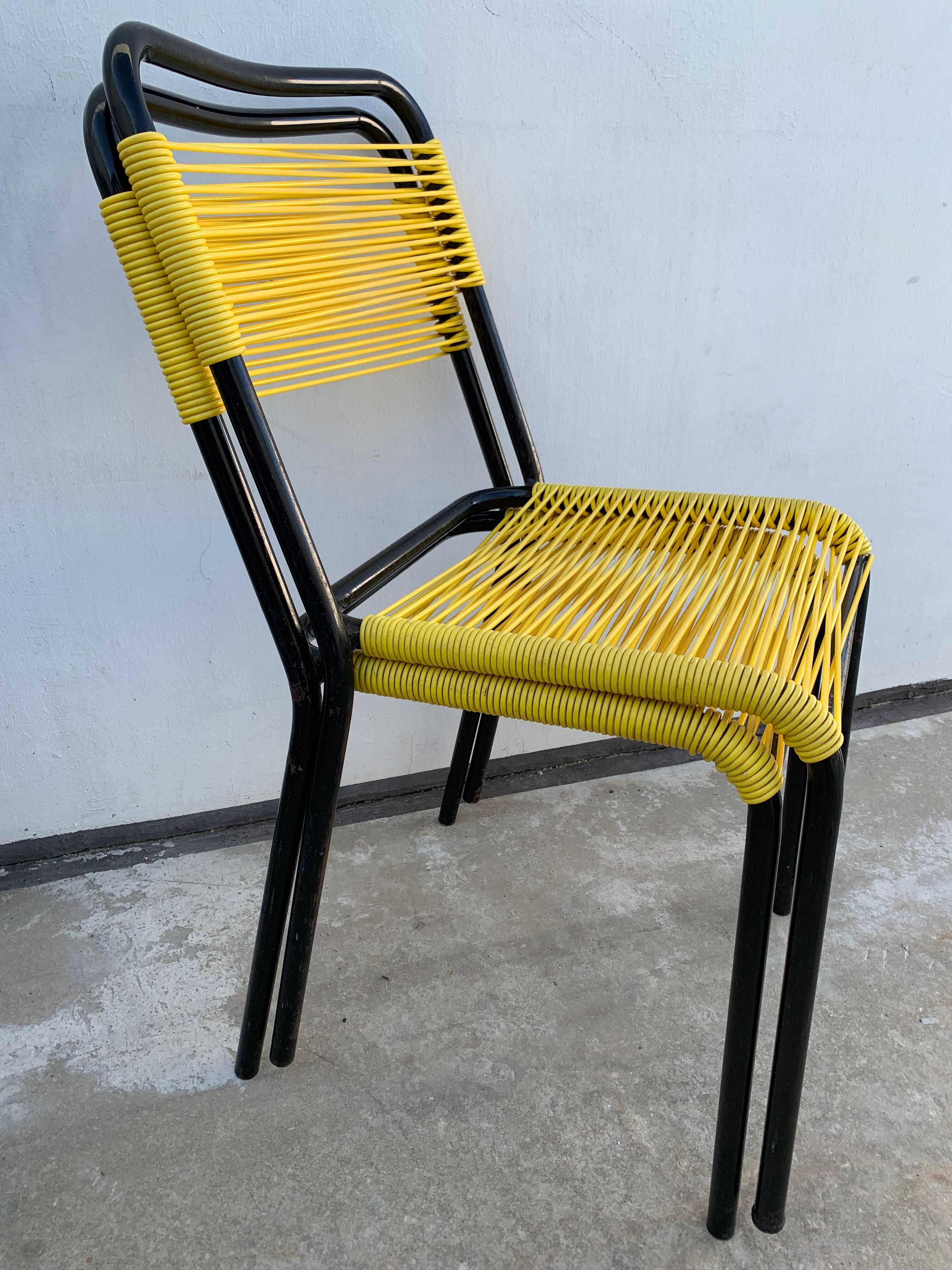4 yellow scoubidou chairs, 1950