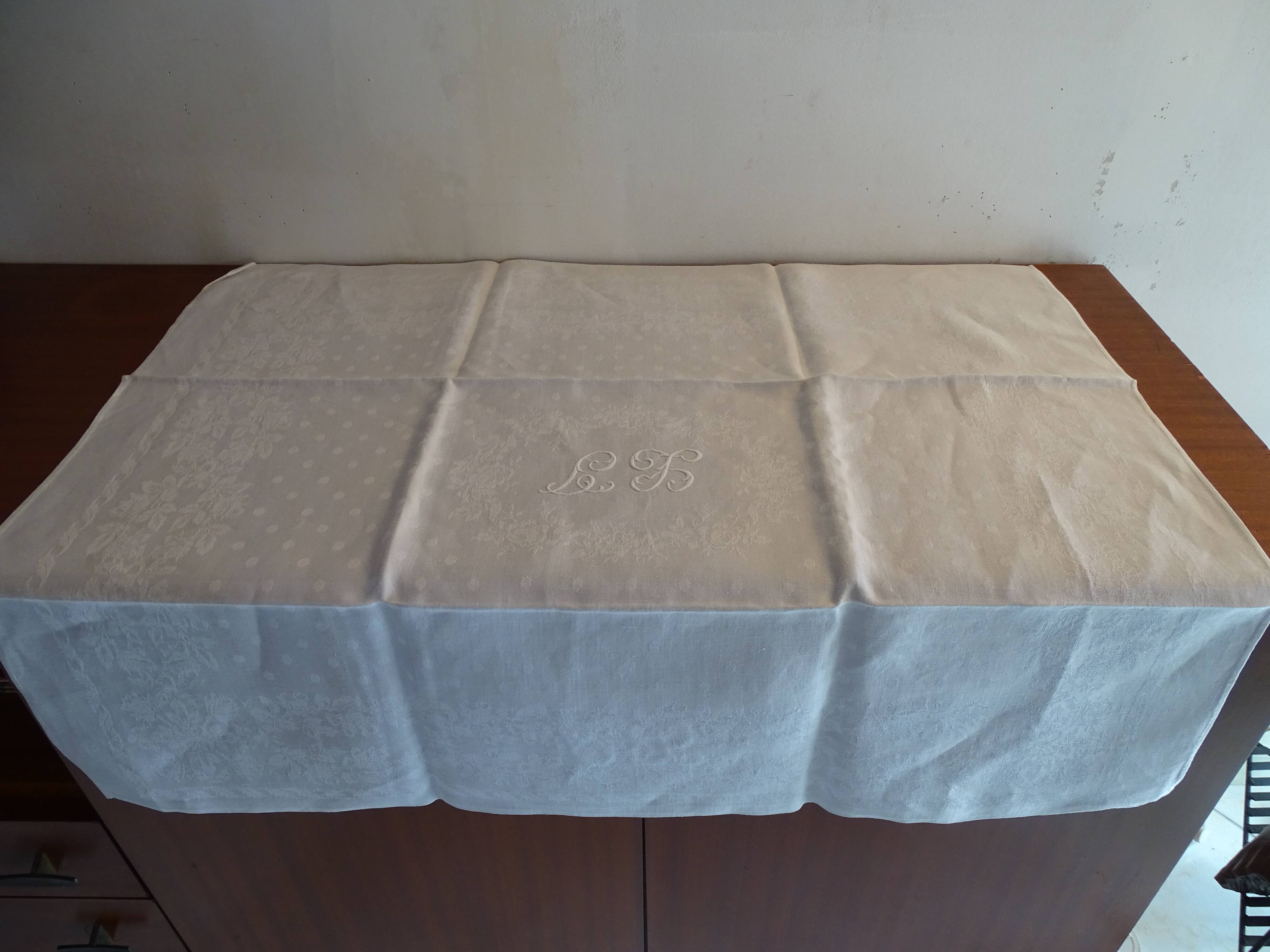 10 old embroidered napkins with L.J monogrammed damask cotton