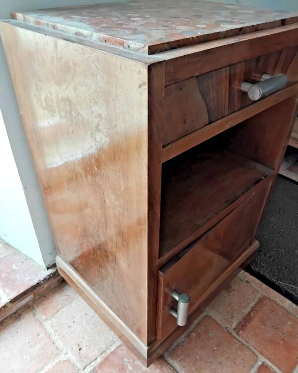 Ancienne Table De Nuit En Bois Avec Plaque De Marbre Vintage