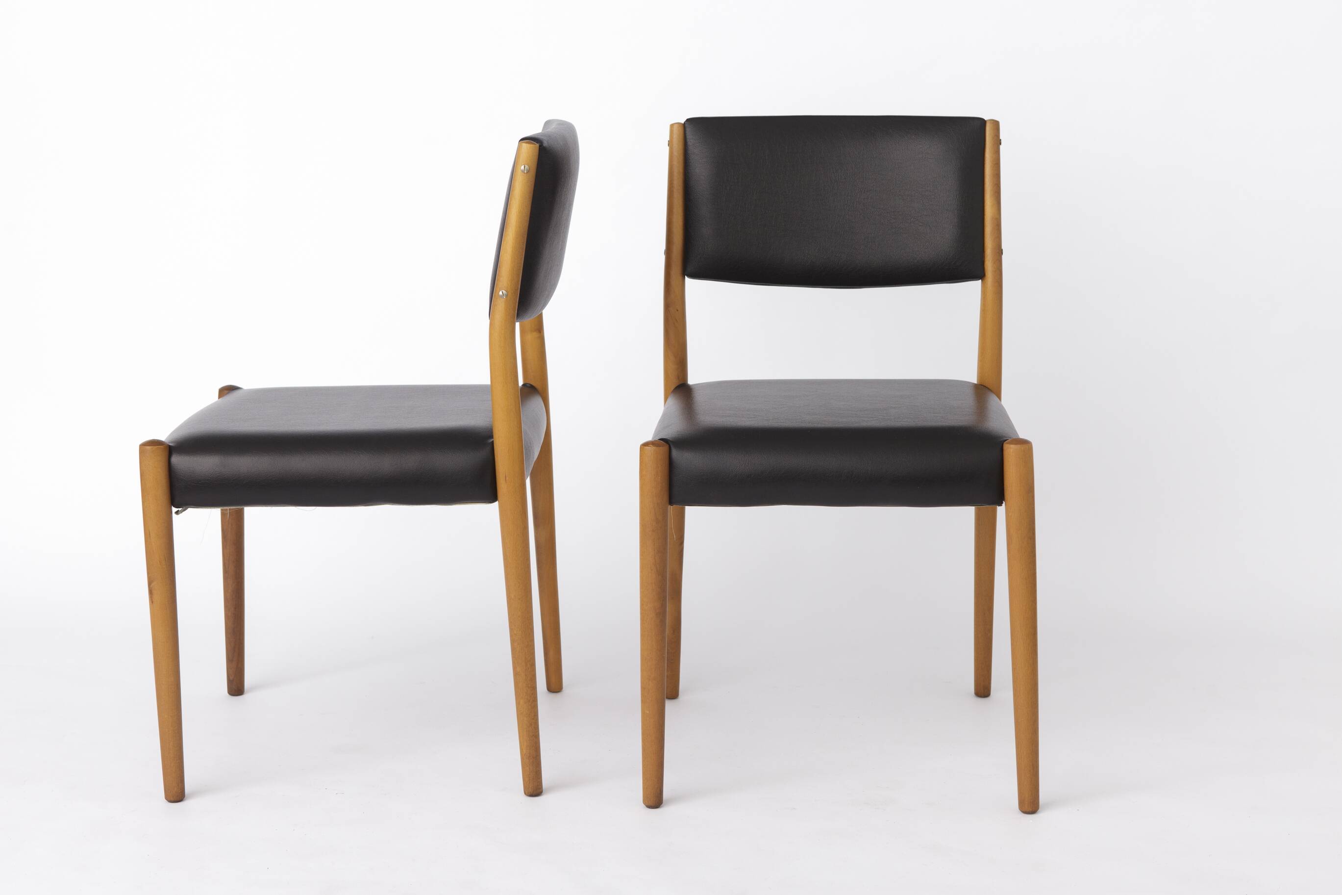 Pair of Vintage German Chairs, 1960s–1970s, Beechwood, Black Faux Leather