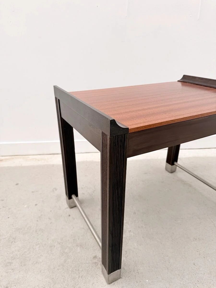 Side table in mahogany and stained oak, France 1980.