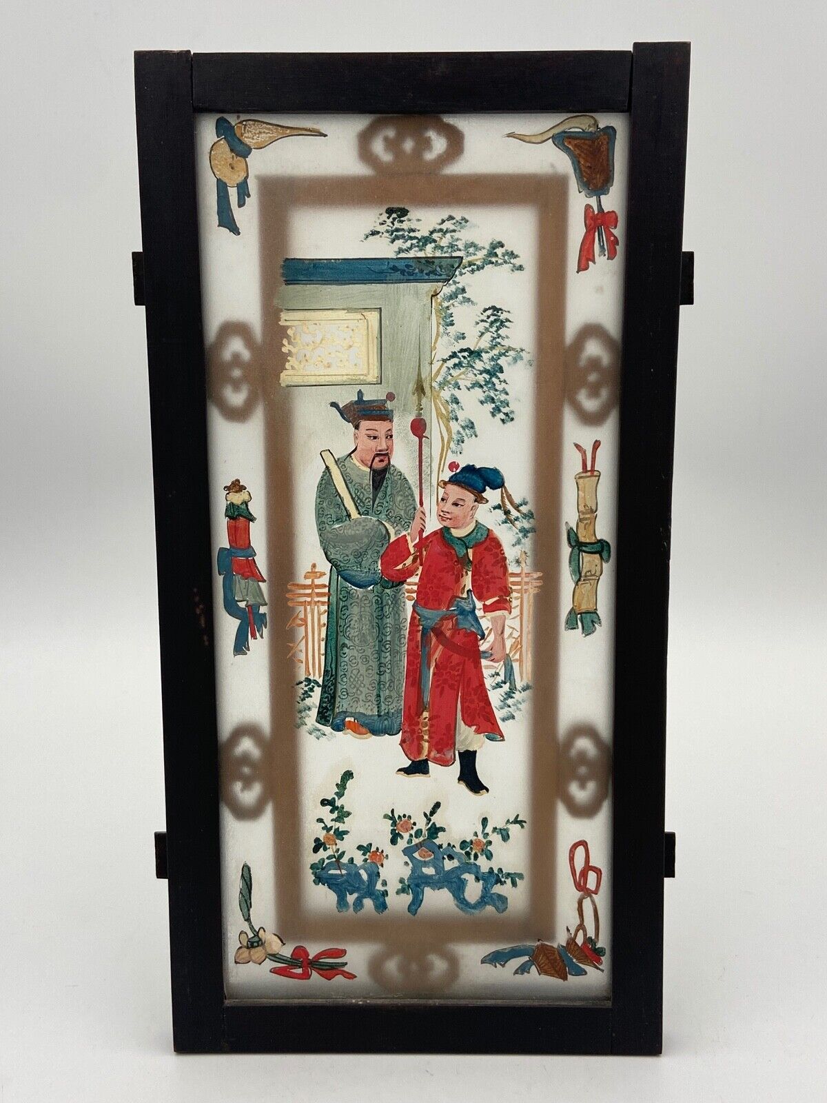 Fixed lantern plate under hand painted glass ironwood late nineteenth century