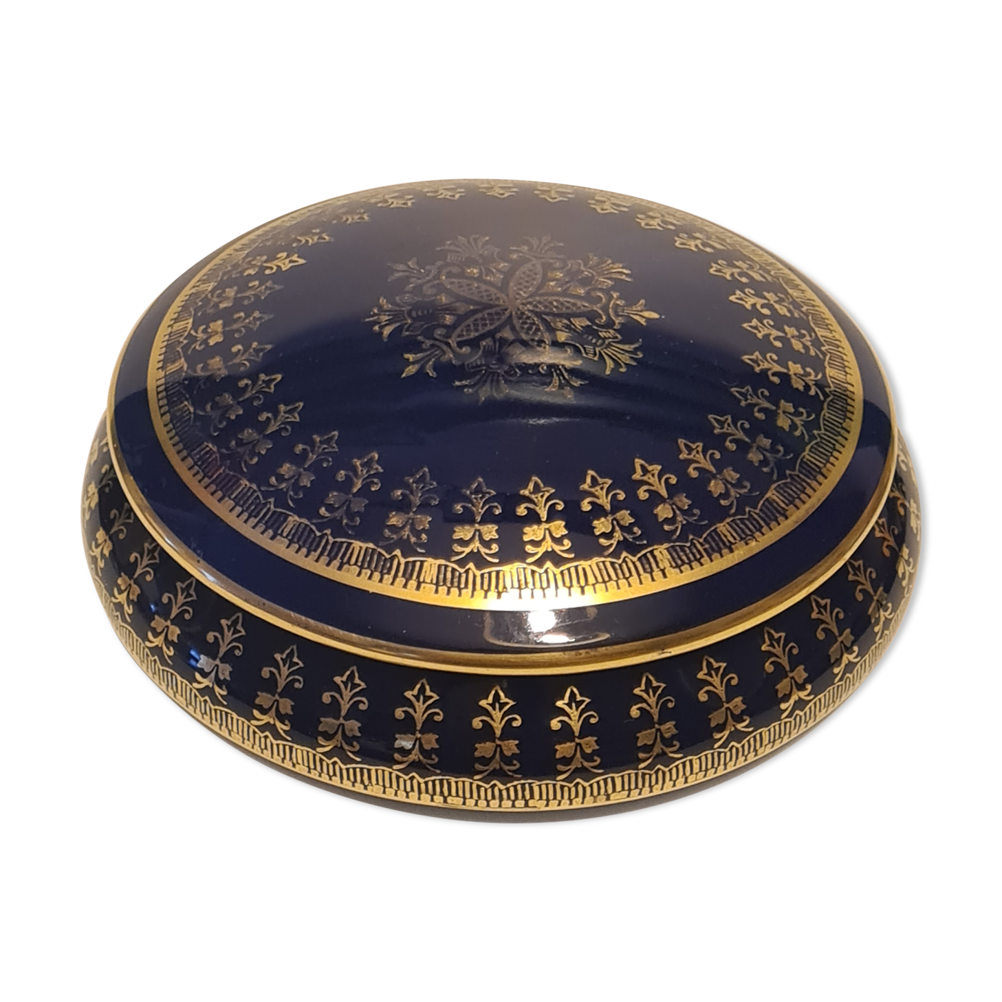 Boîte porcelaine de Limoges Bleu et Or décor floral