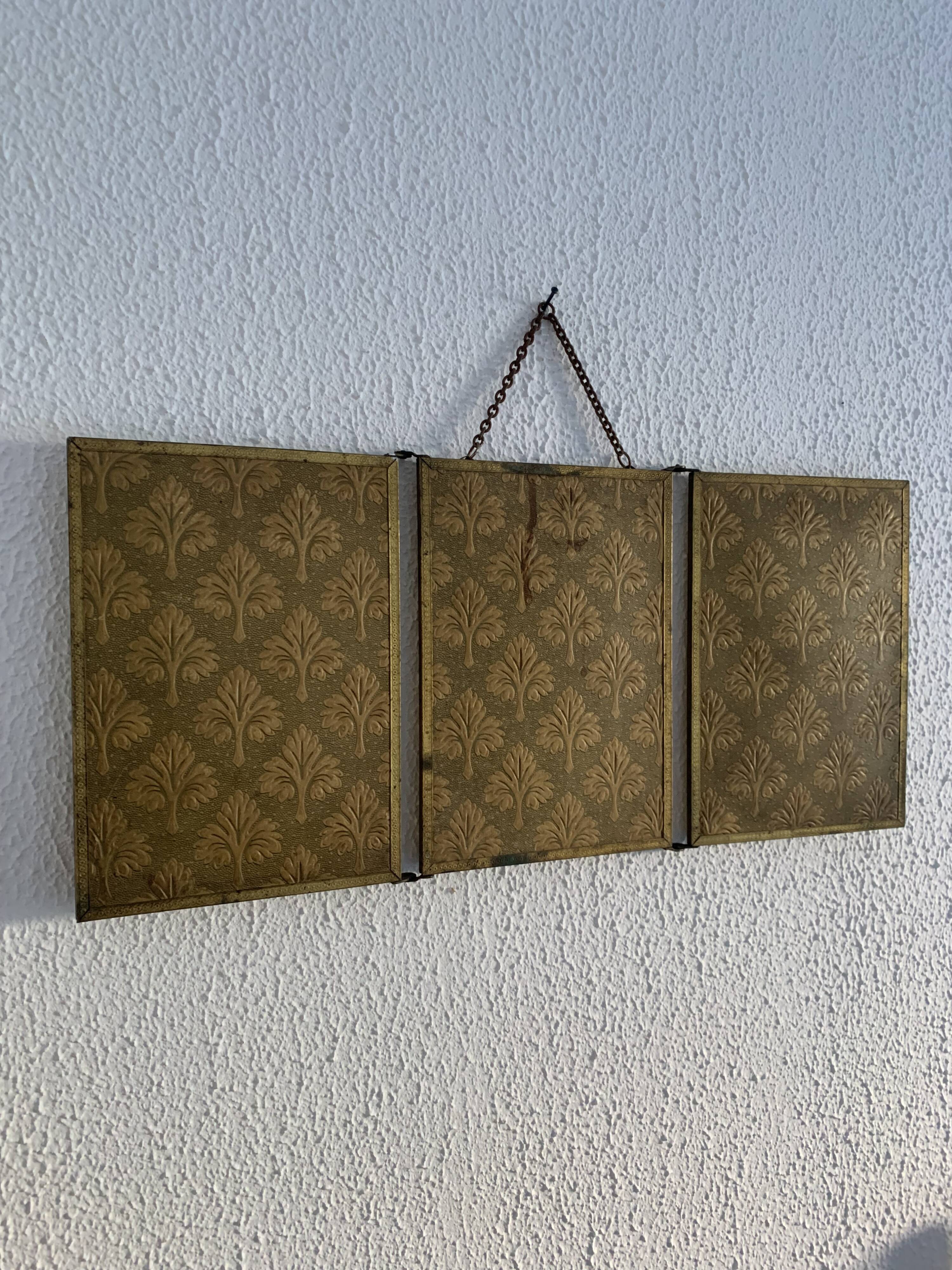 Miroir vintage 1900 triptyque barbier Art Nouveau doré - 21 x 48 cm