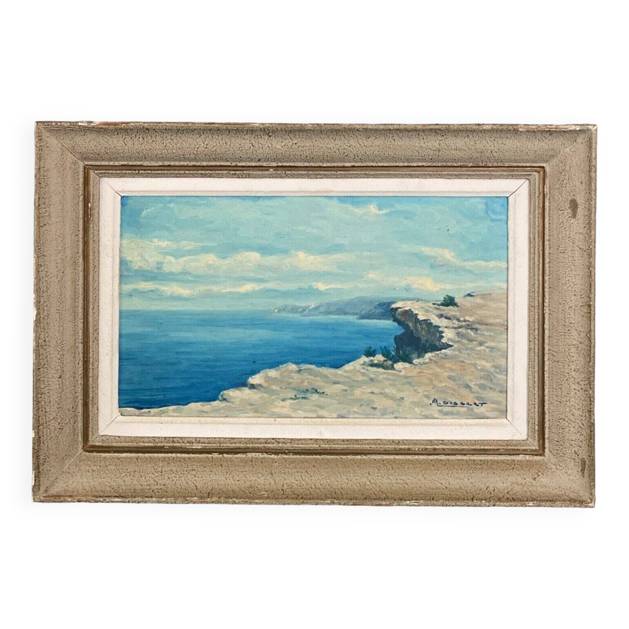 Oil on panel by M. Gibert 20th century rocky coast