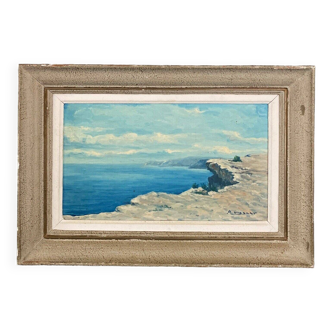 Oil on panel by M. Gibert 20th century rocky coast
