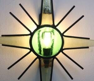 Vintage metal sunburst wall lamp with green glass, 1960s