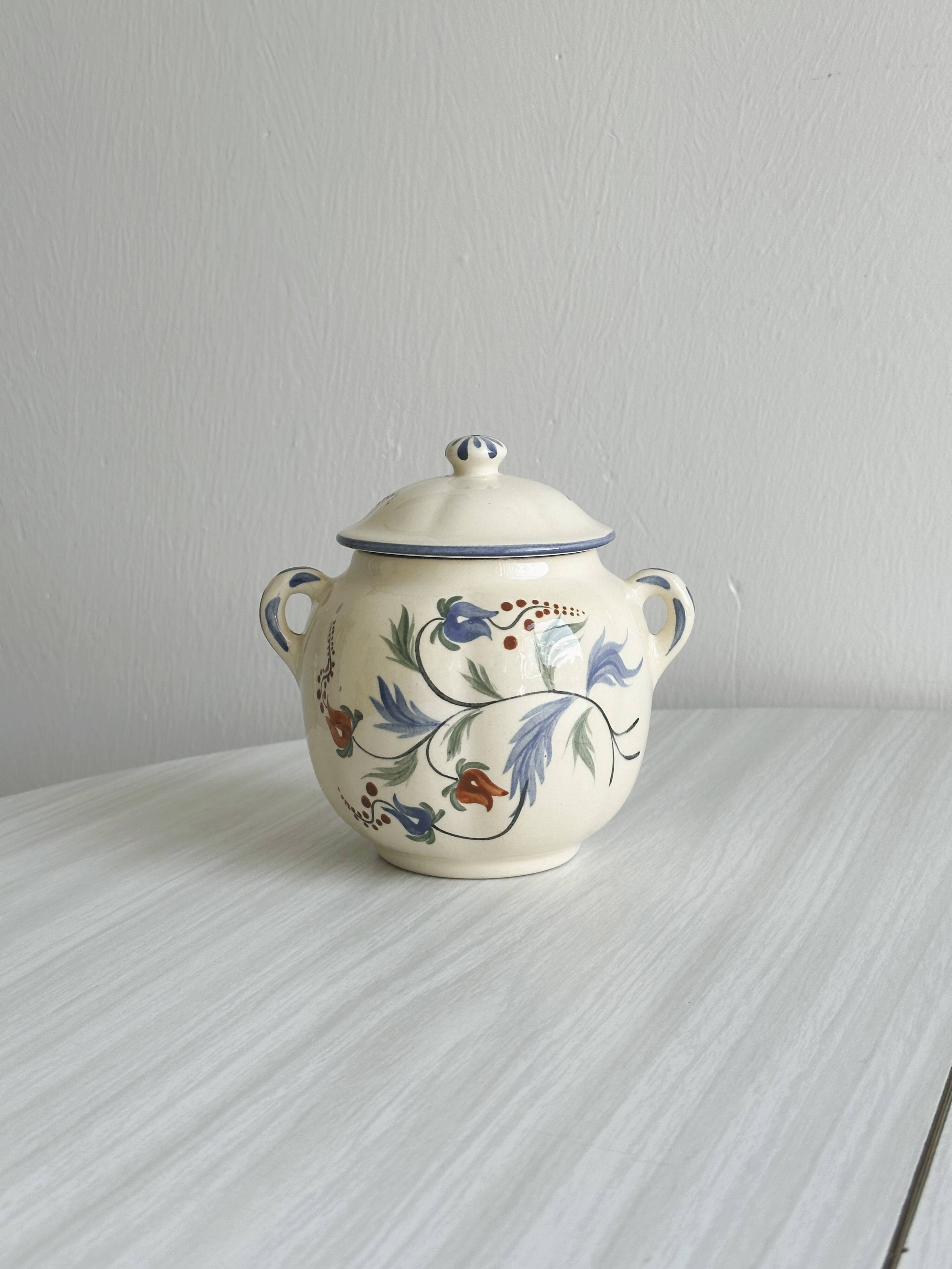 Ceramic condiment pot, hand painted sugar pot