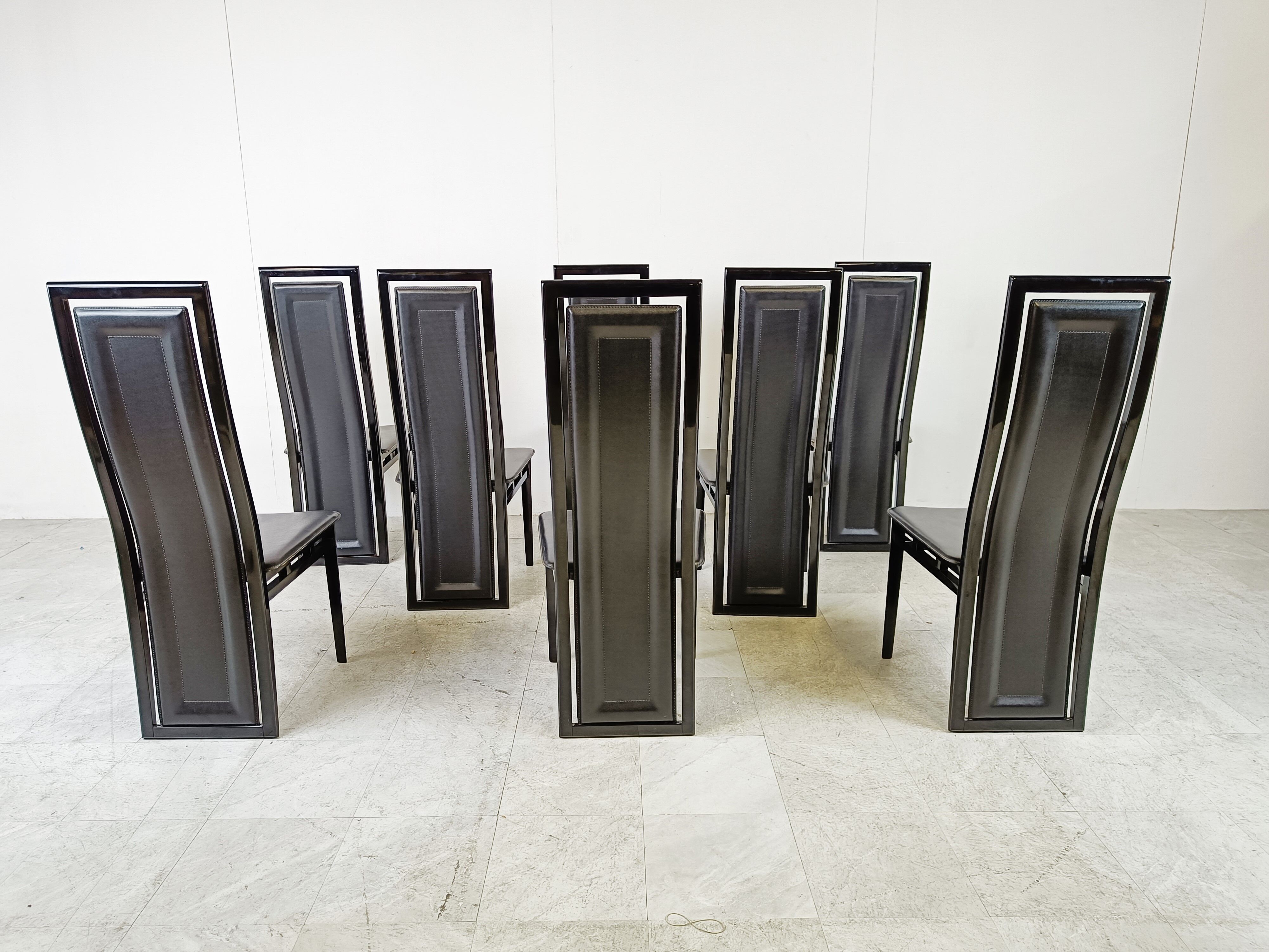 Set of eight Italian Lacquered Wood and Leather Modern Dining Chairs