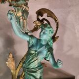 Old lamp in green and bronze patinated regula with pretty multi-colored opaline tulip