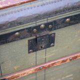 Antique trunk made of burlap and iron, storage suitcase