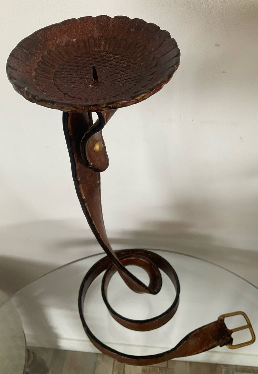 Vintage brutalist wrought iron snake candle holder