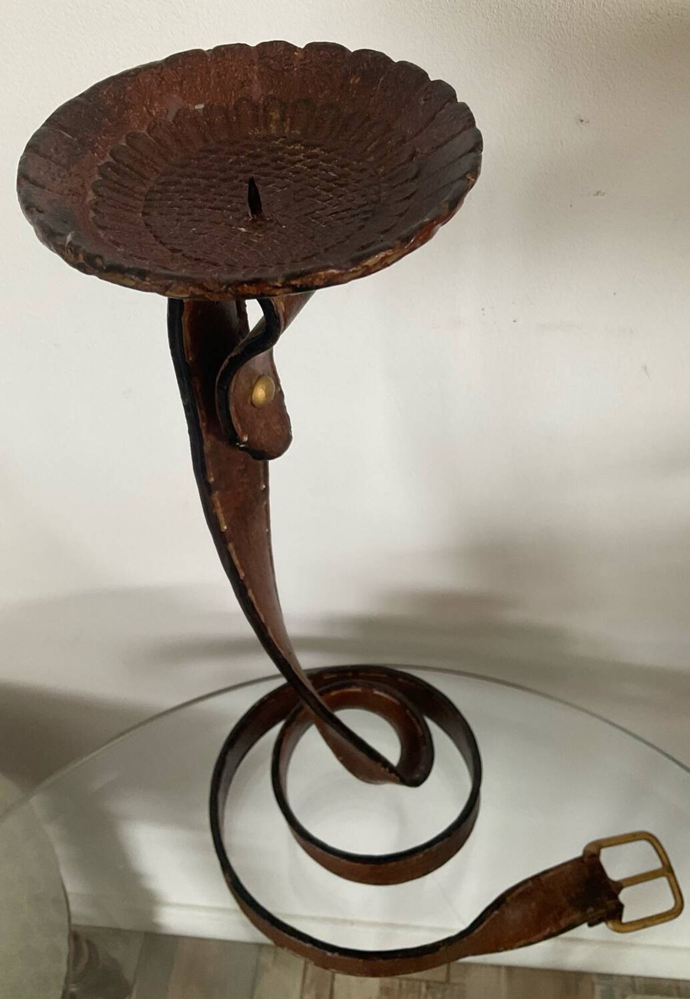 Vintage brutalist wrought iron snake candle holder