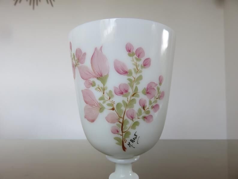 Opaline vase floral pattern, signed, 60s 70s