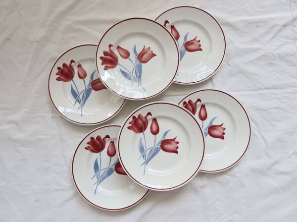 6 assiettes plates vintage faïence Moulin des Loups série Simone