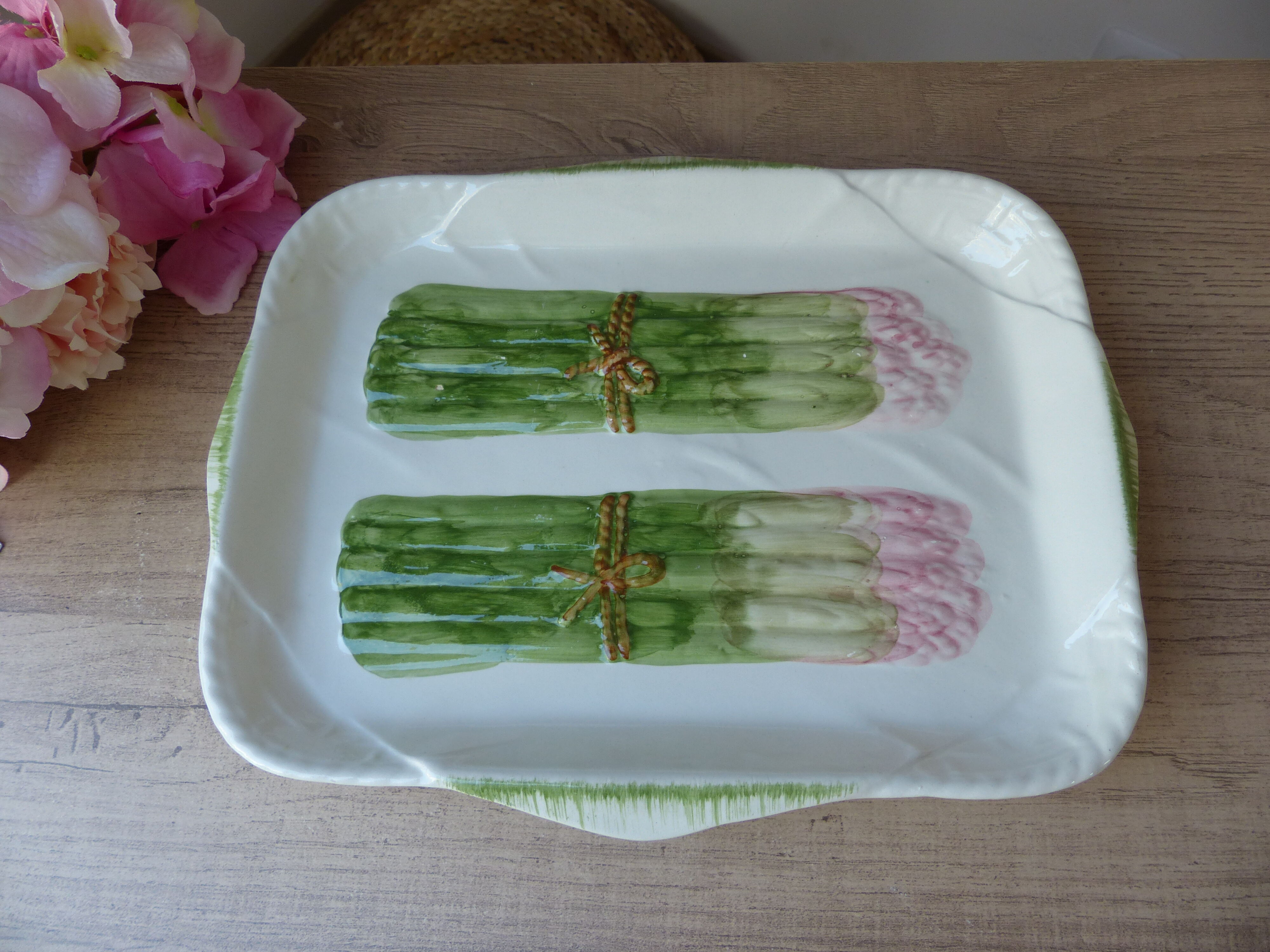 Antique asparagus dish - vintage slurry ceramic