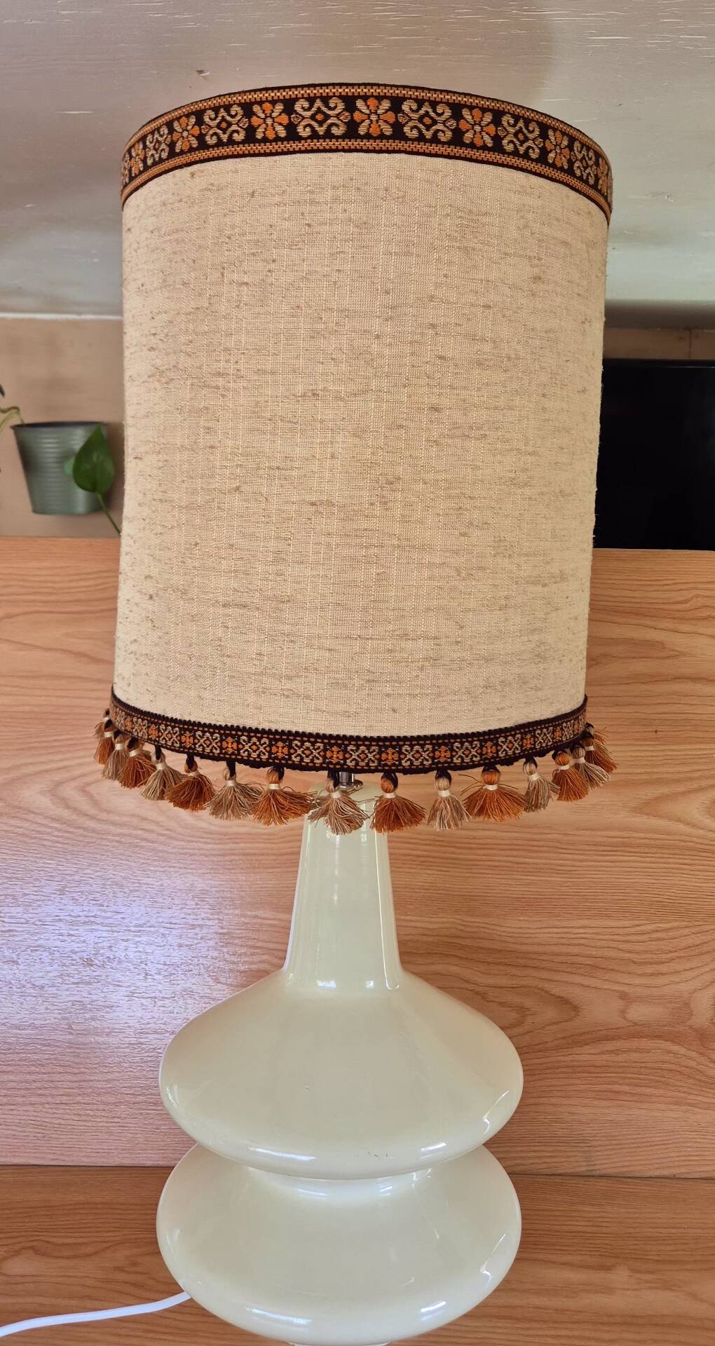 Large vintage 1970s tinted glass lamp with shade.