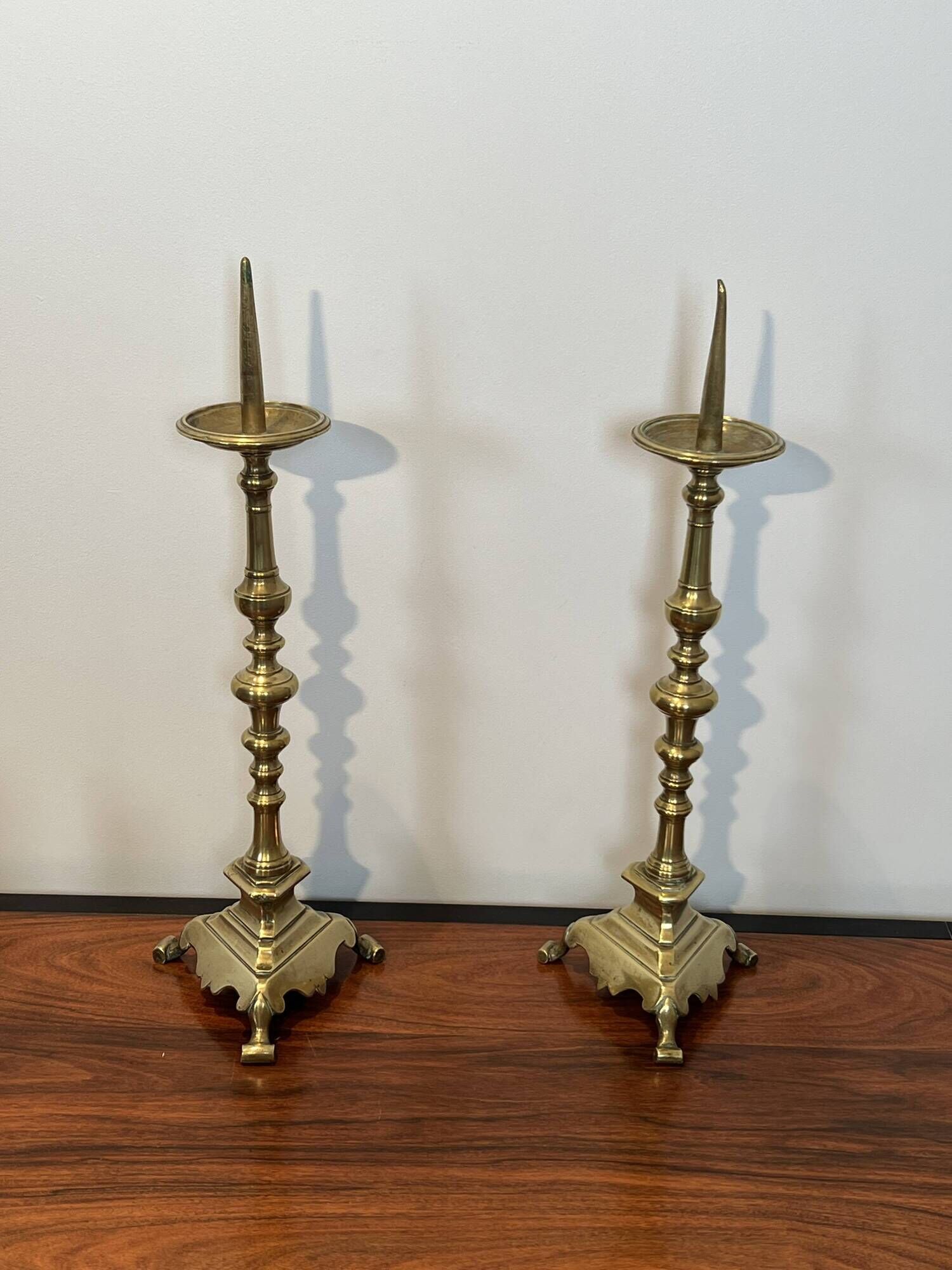 Pair of Large Brass Altar Candlesticks with Baluster Shaft and Tripod Base