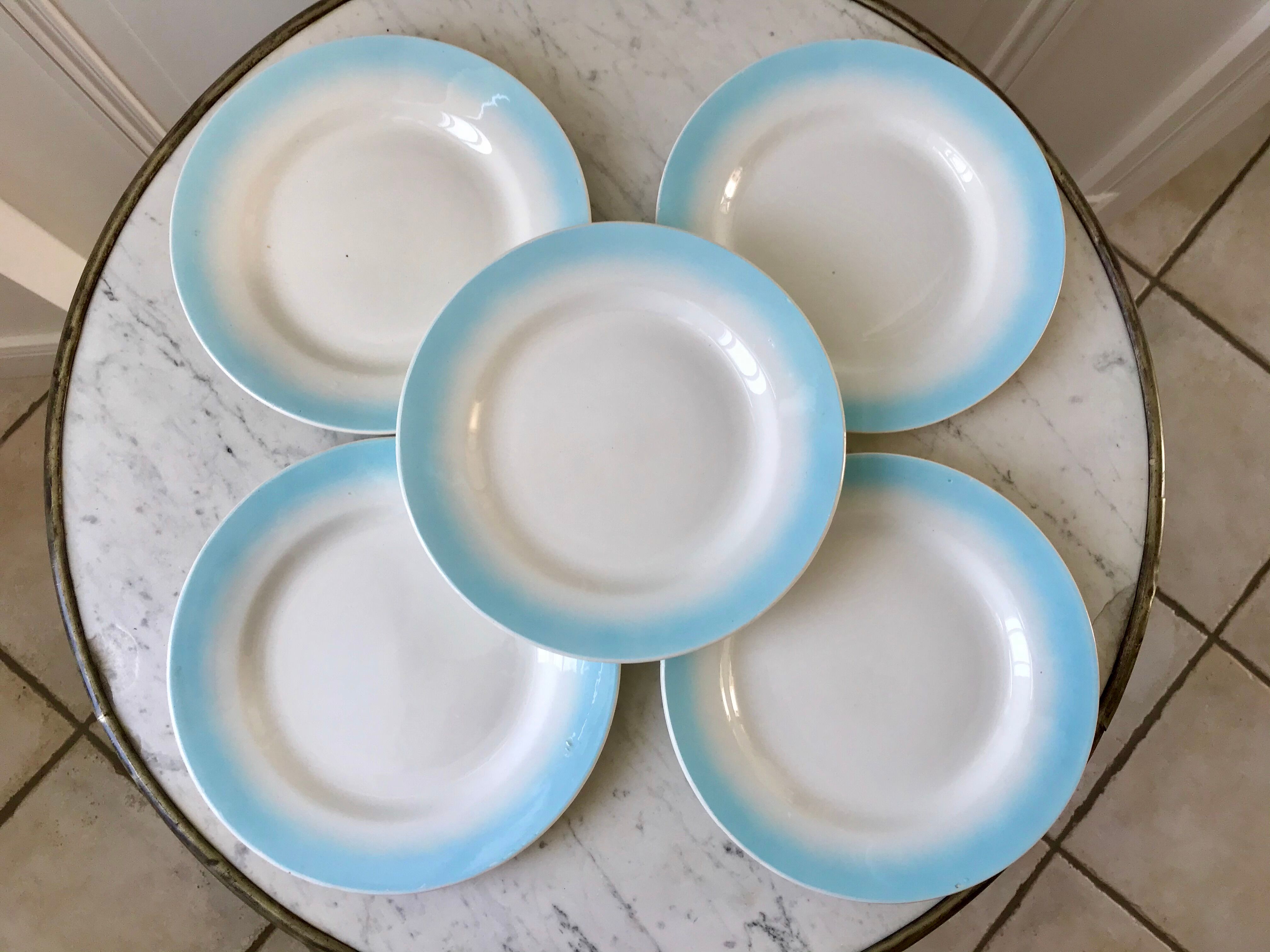 set of 5 pastel gradient sky blue dessert plates from the 40s and 50s