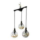 1970s teak, chrome metal and glass 3-globe pendant chandelier