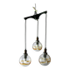 1970s teak, chrome metal and glass 3-globe pendant chandelier