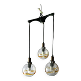 lustre suspension 3 globes 1970's teck, métal chromé et verre