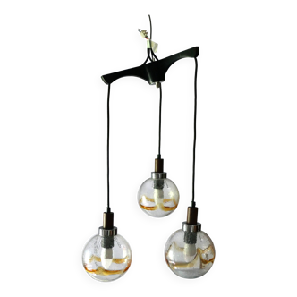lustre suspension 3 globes 1970's teck, métal chromé et verre
