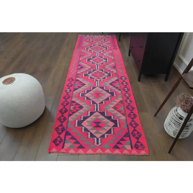 1970s Vintage Turkish Hand-Knotted Wool Cotton Pink Runner Rug 91x312