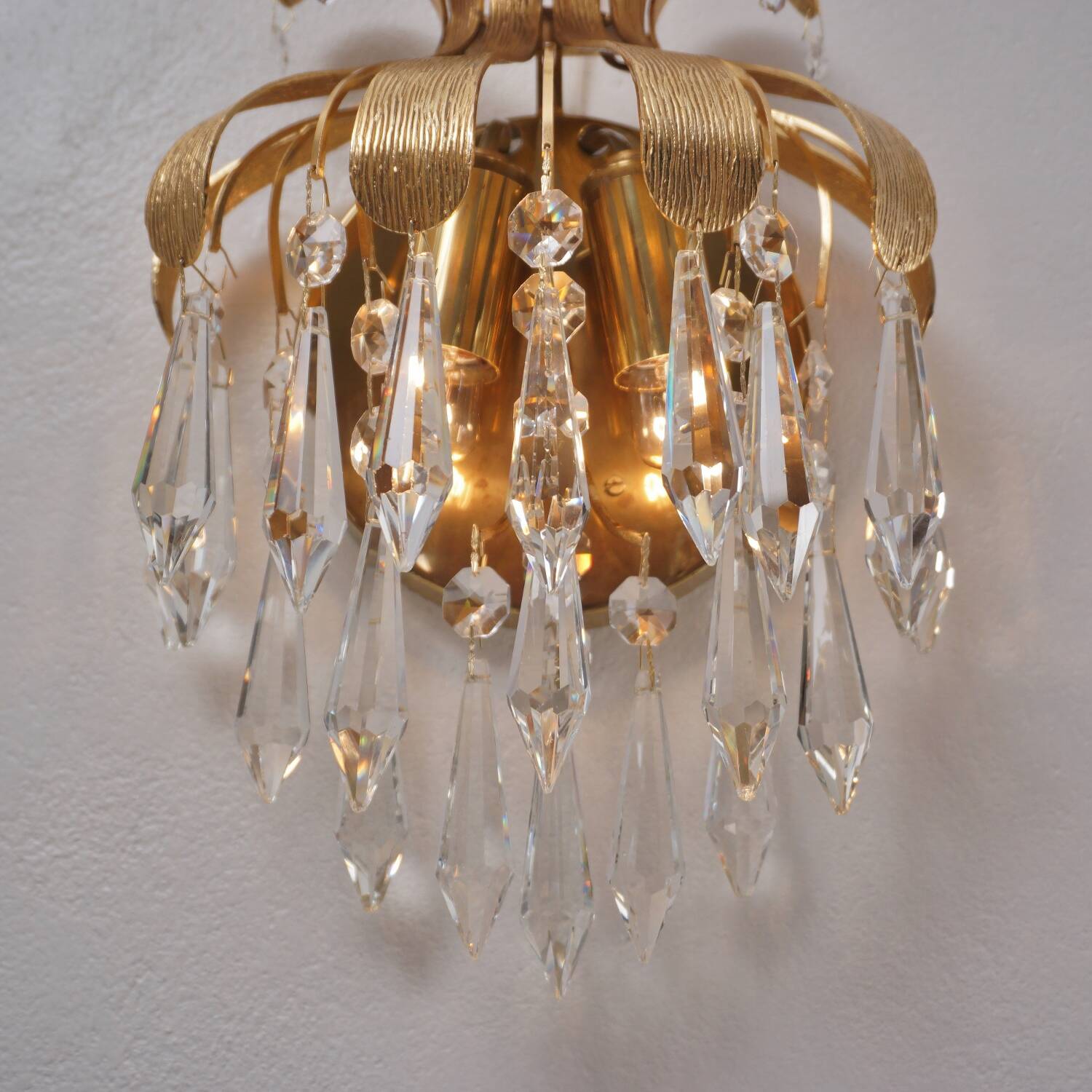 Palwa crystal pair wall lights sconces by Ernst Palme, brass pineapple, 1960`s, German