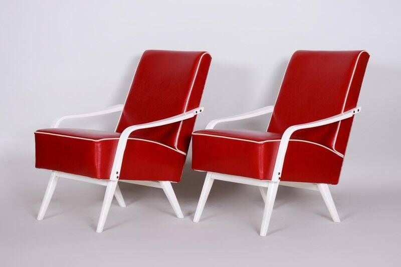Mid-Century Red Leather and Beech Armchairs, Czechia, 1950s, Set of 2