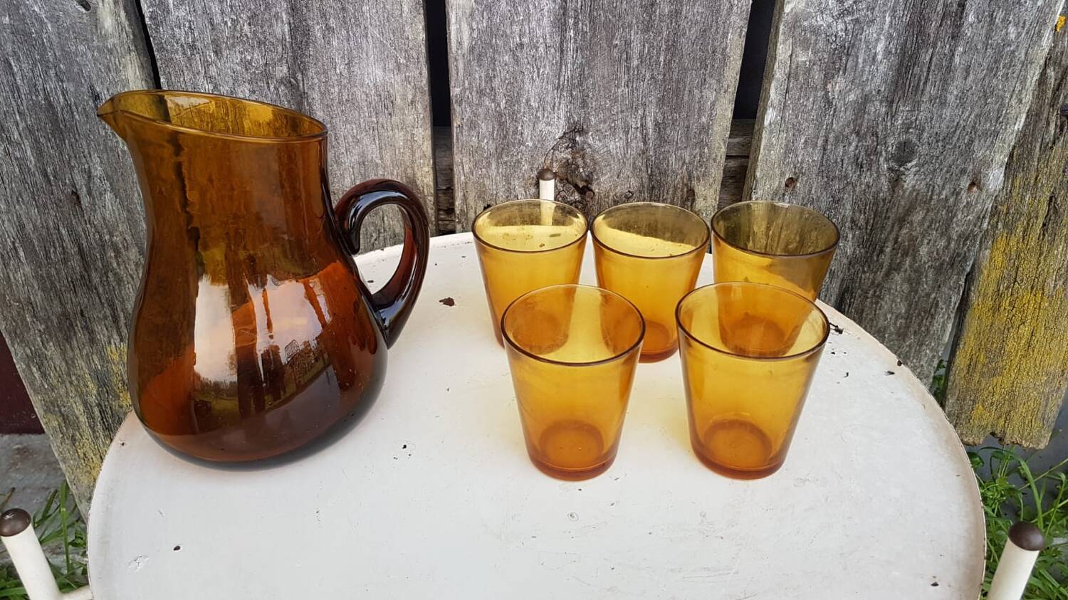 Old orangeade service blown glass carafe + 5 vintage verico glasses #a680