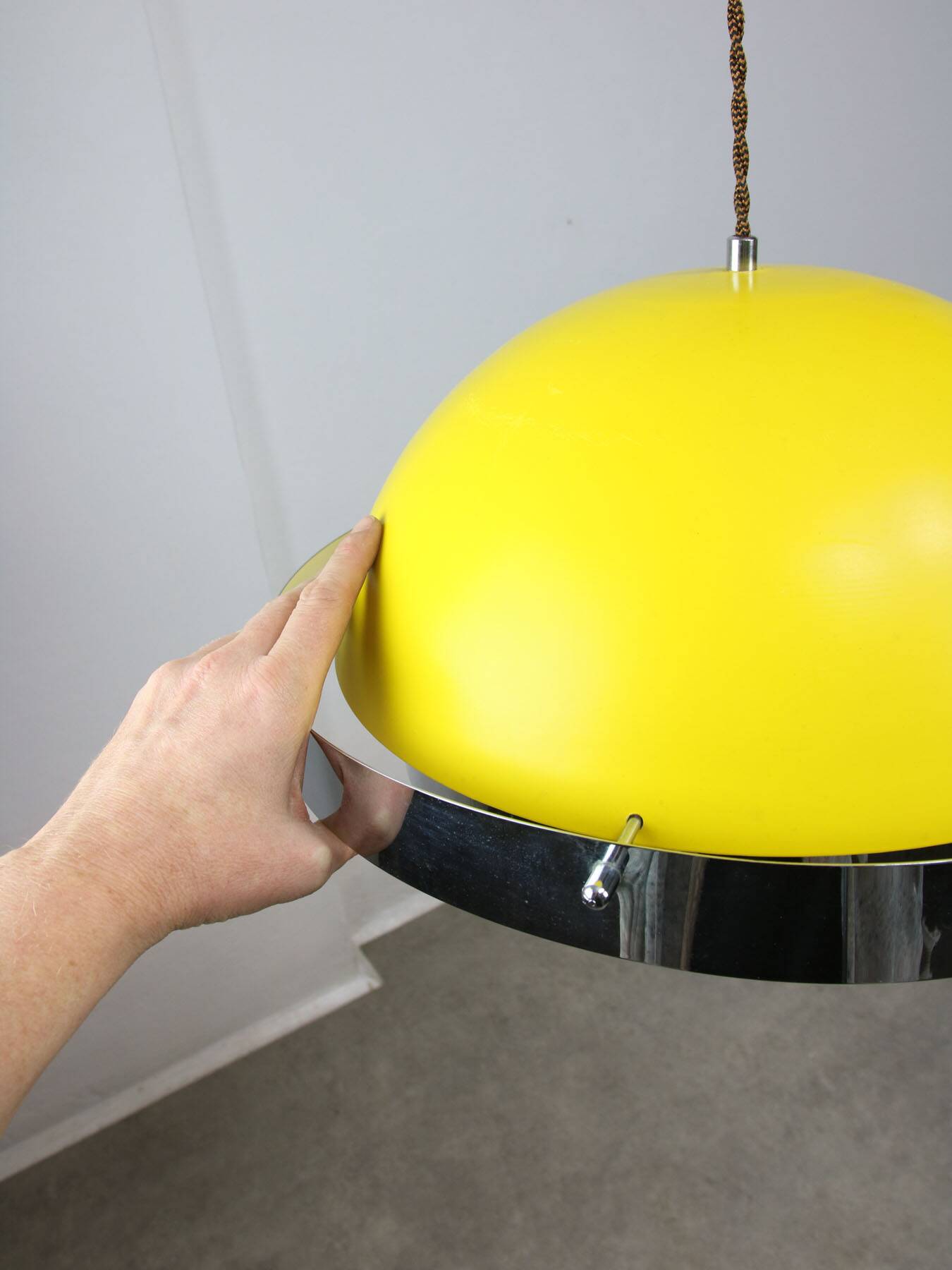 Space-age italian yellow and chrome metal pendant lamp, 1970s