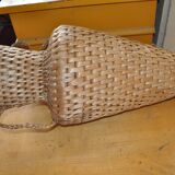 Large beige (wheat) woven wicker floor vase, Mid-Century style from the 1940s.