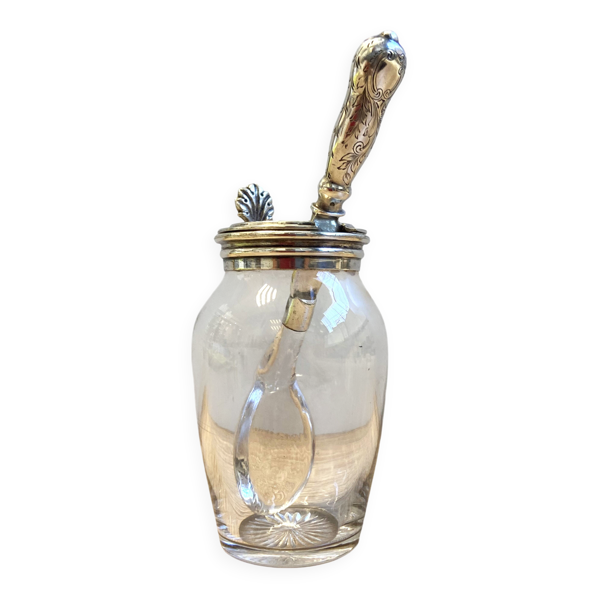 Antique Silver Metal Crystal Mustard Pot + Crystal & Silver Spoon Hallmarked