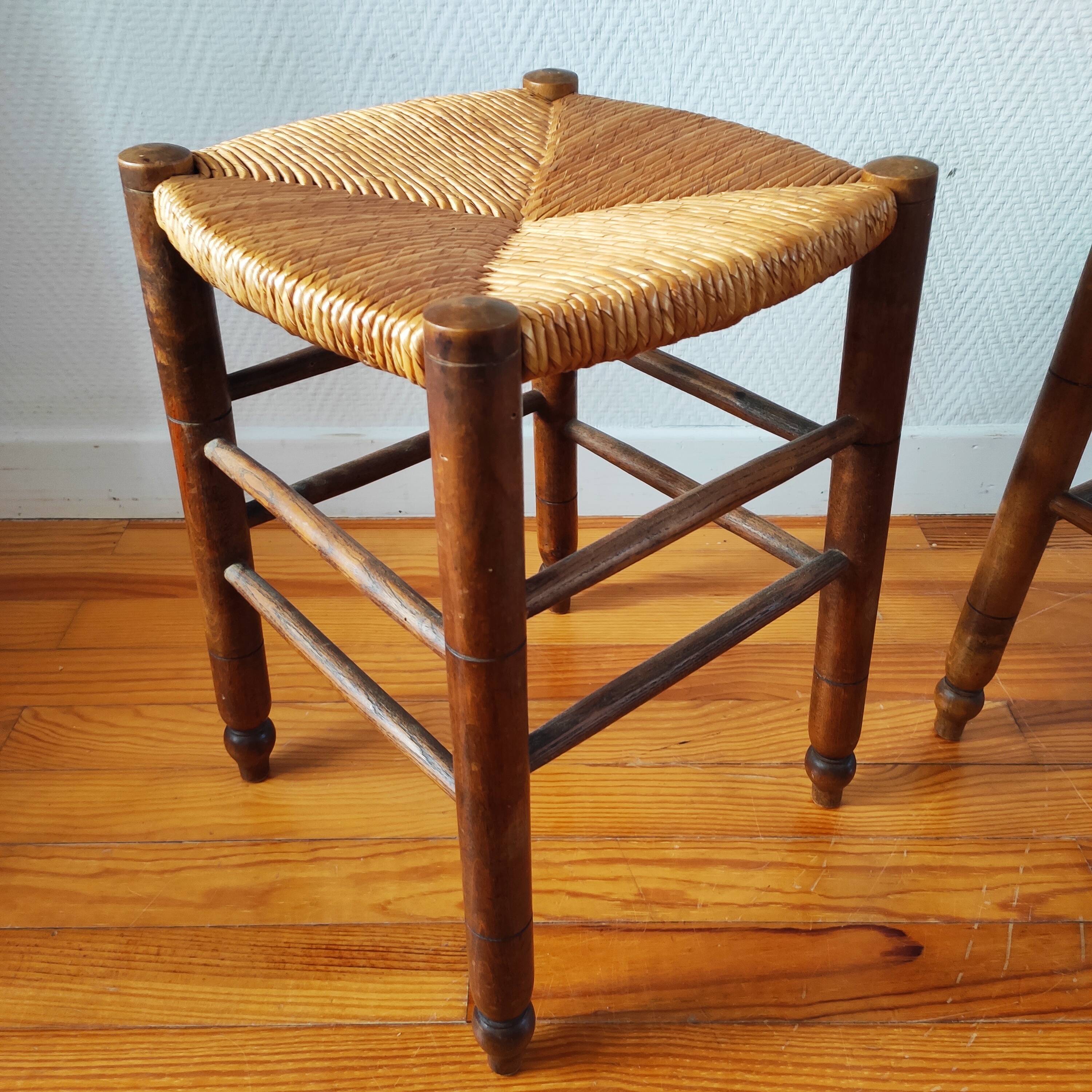 Pair of stools with straw seats, 1960