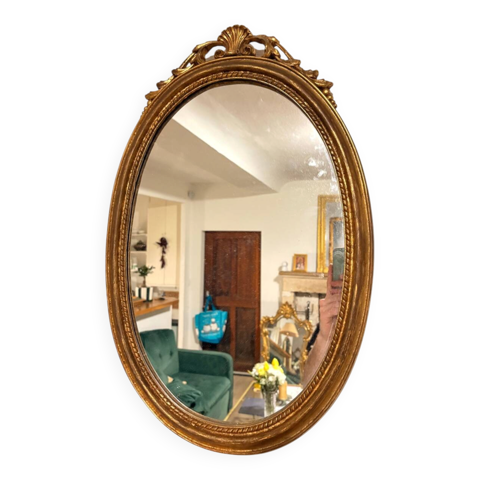 Antique Oval Round Golden Mirror in Wood Louis XVI Style Rocaille Pediment