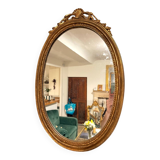 Antique Oval Round Golden Mirror in Wood Louis XVI Style Rocaille Pediment