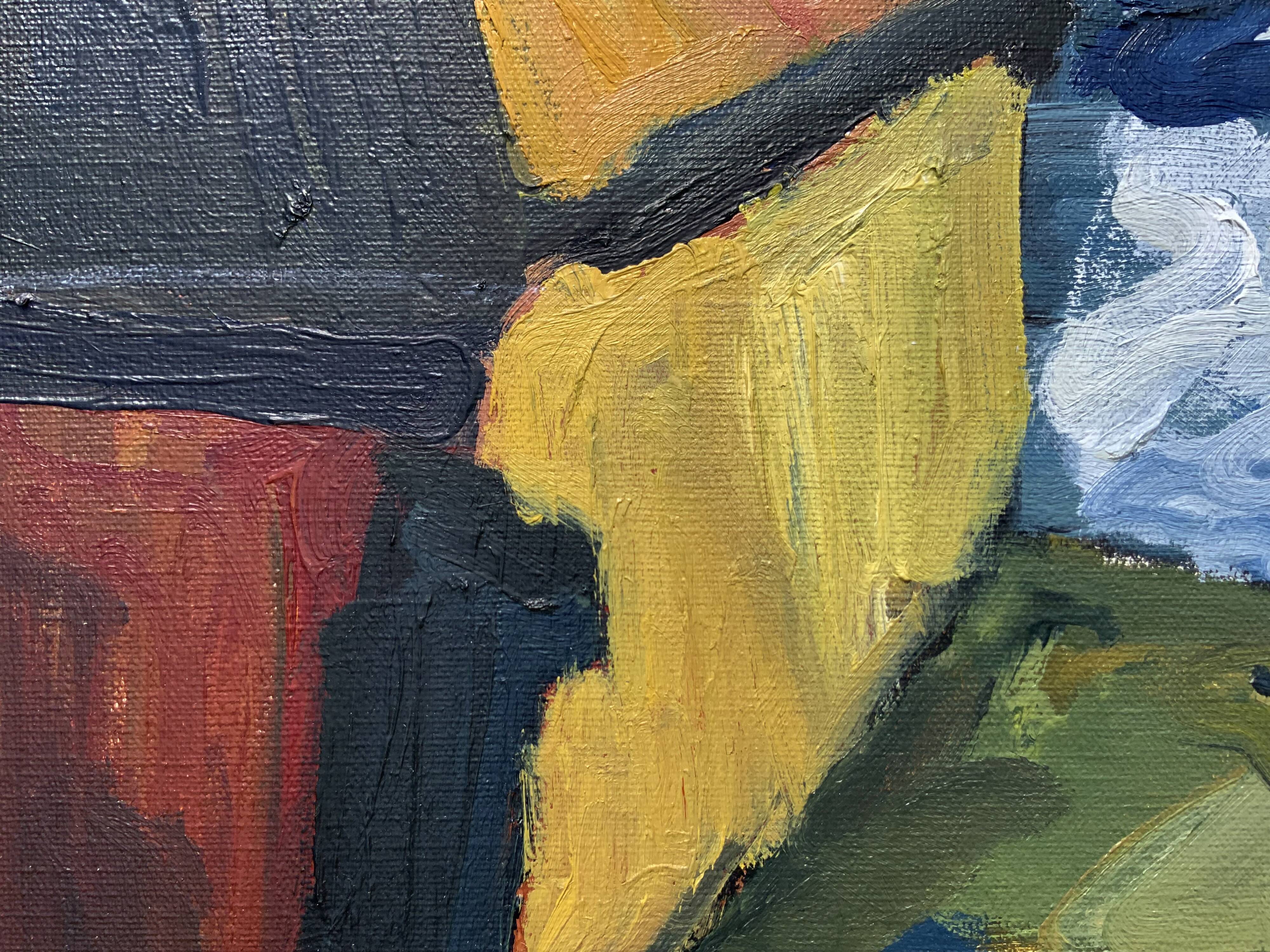 Peinture à l'huile sur toile expressionniste vintage "Maisons de bateaux", Stig Delang 76