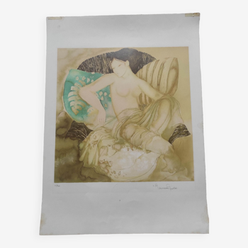 Femme au palmier bleu - lithographie originale signée à la main - Nicole Rousseau Grolée