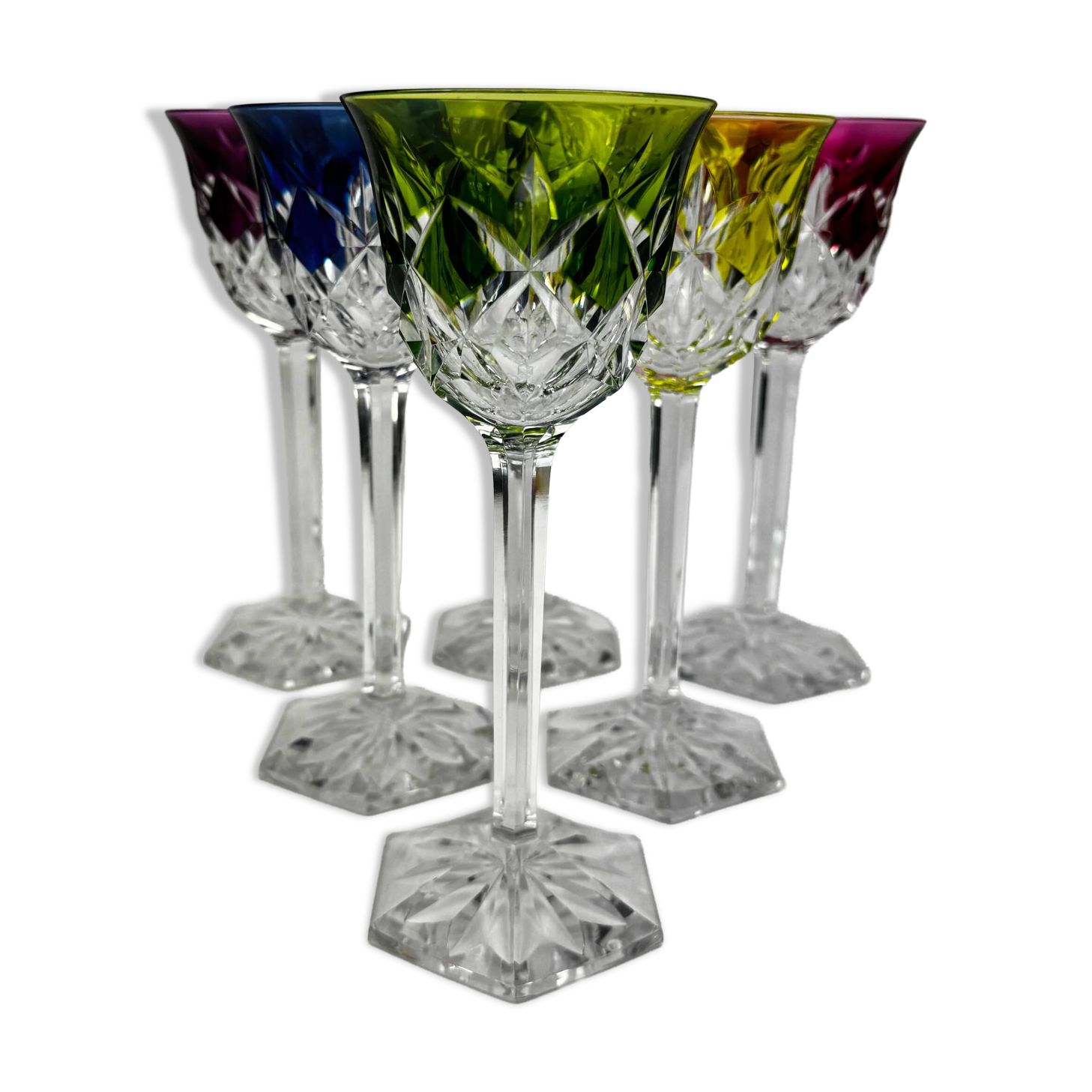 Val Saint Lambert, 6 coloured crystal Roemer glasses, 19 cm