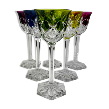 Val Saint Lambert, 6 coloured crystal Roemer glasses, 19 cm