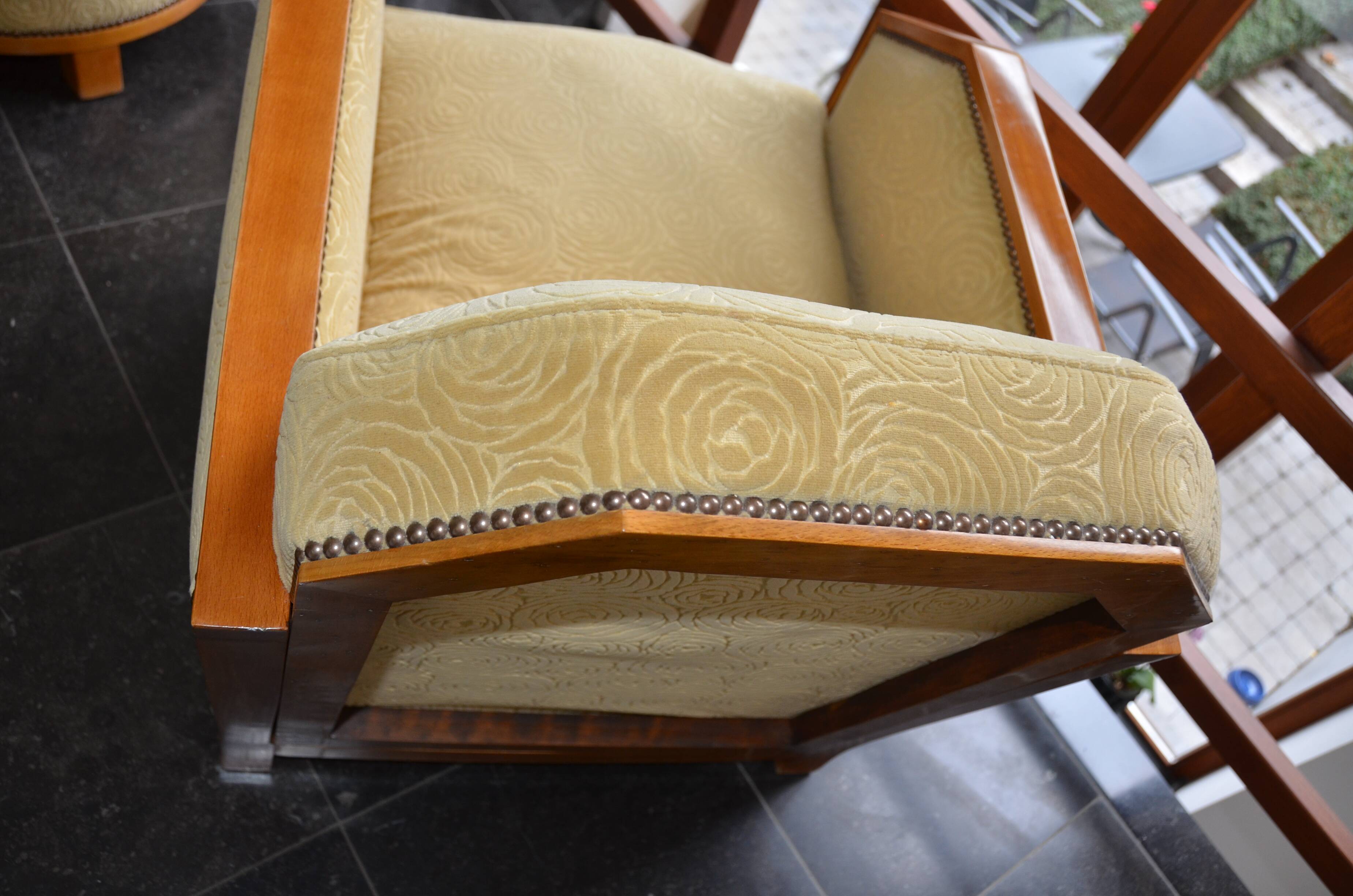 Pair of Art Deco armchairs and poufs