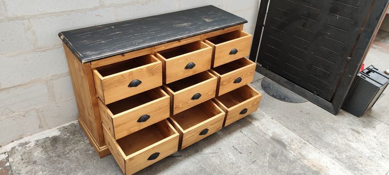 Furniture with drawers waxed pine above black top three tablets furniture of trade