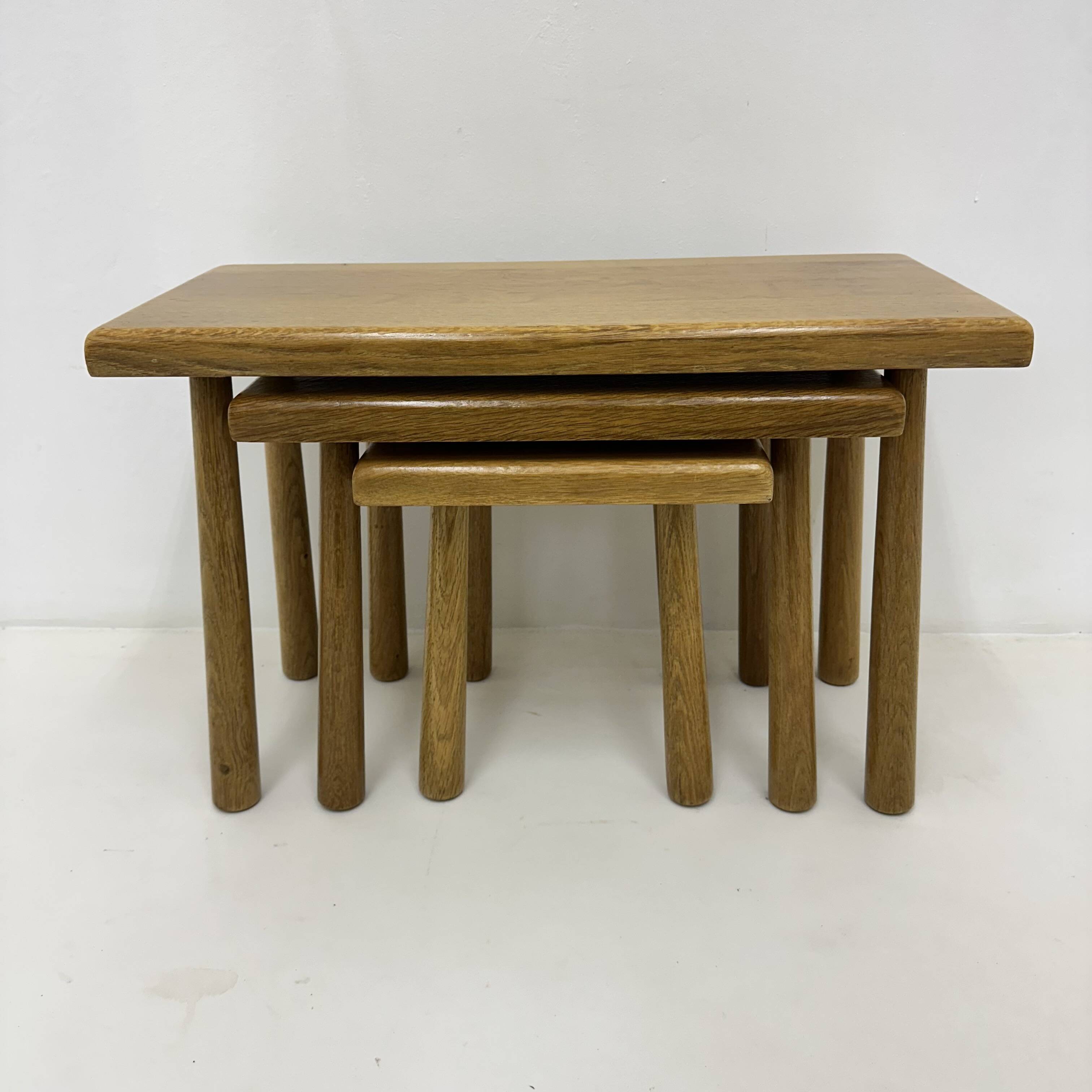 Set of nesting tables solid oak wood brutalist , 1970s