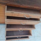 Workshop furniture with drawers and curtain in beech and walnut.