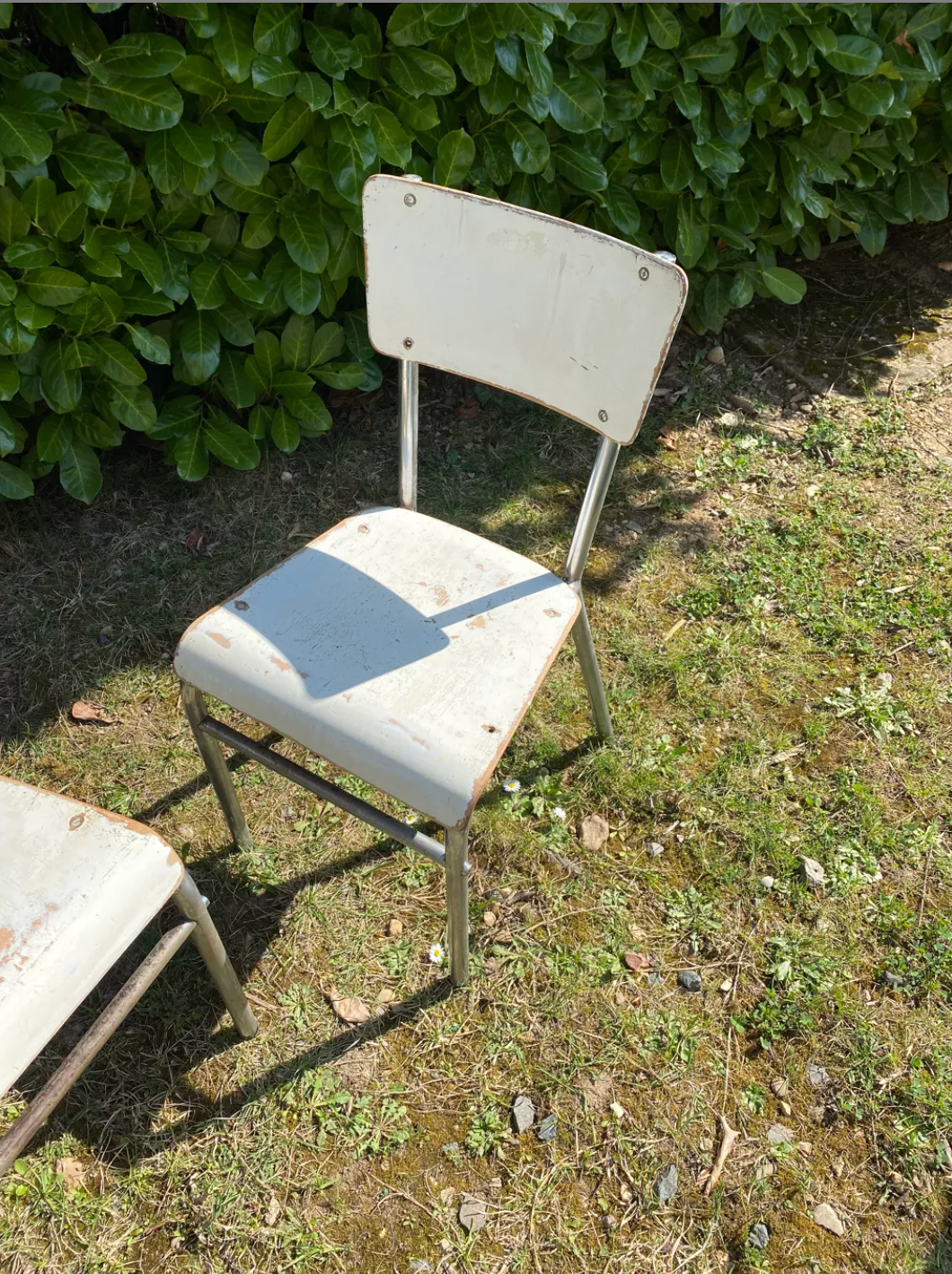 Pair of chairs in patinated white wood and metal structure