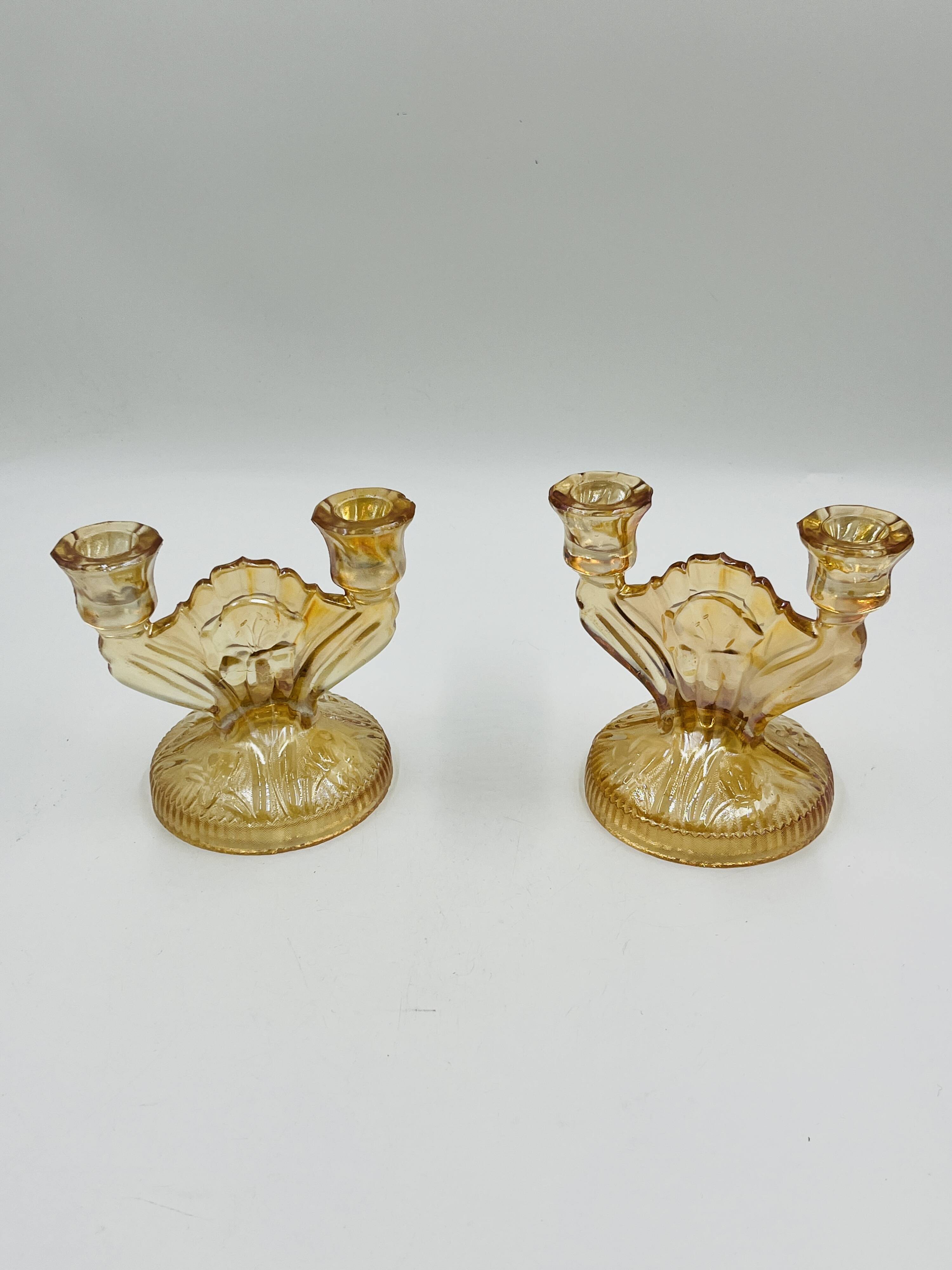 Pair of Empoli amber glass chandeliers in Art Deco style