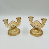 Pair of Empoli amber glass chandeliers in Art Deco style