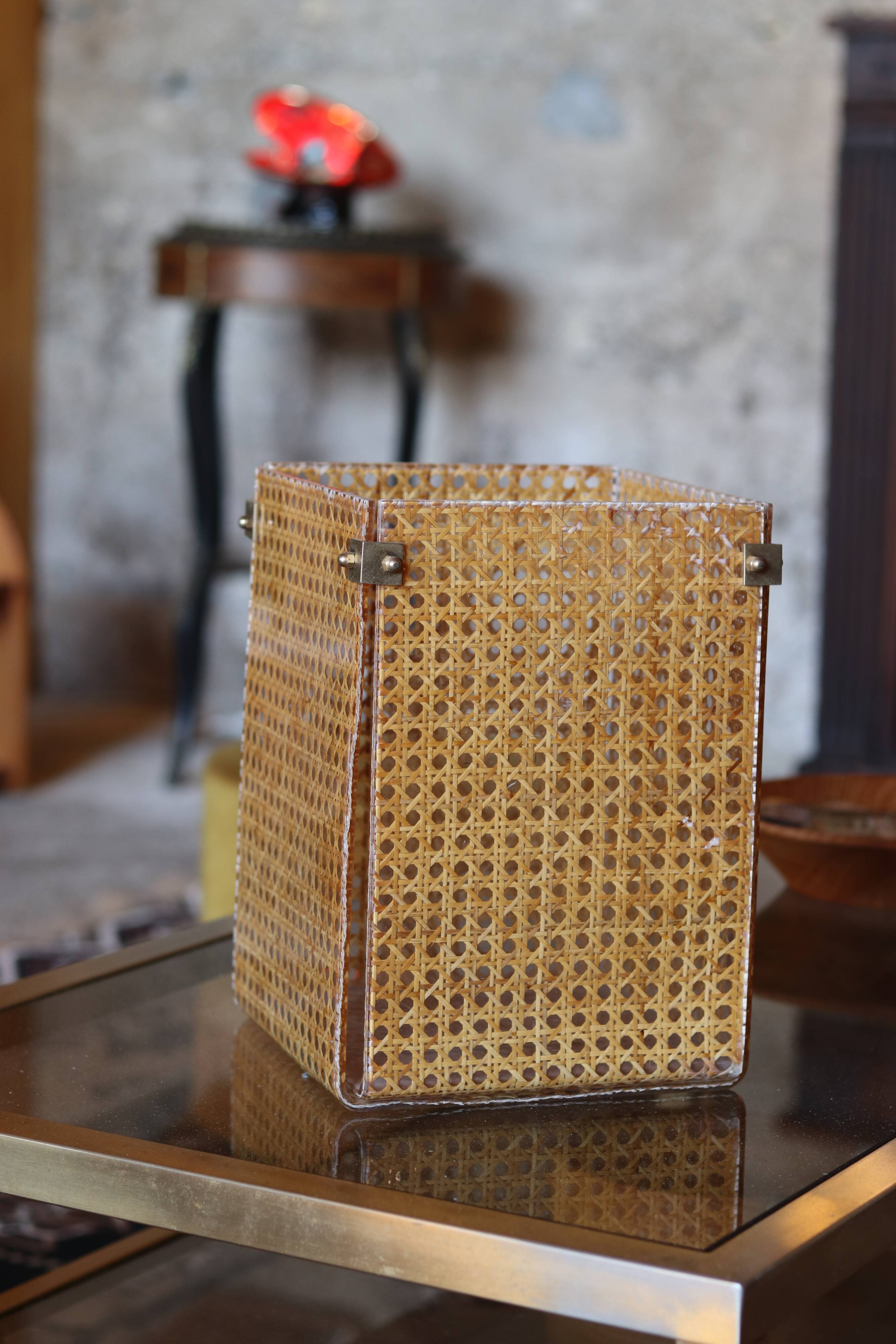 Cane and plexiglass basket, 1970s