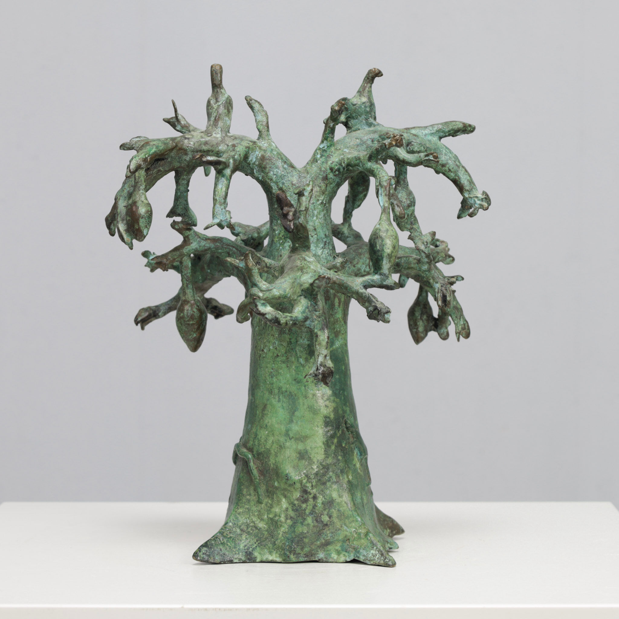 Patinated bronze baobab tree sculpture with birds, signed TM, 1980s